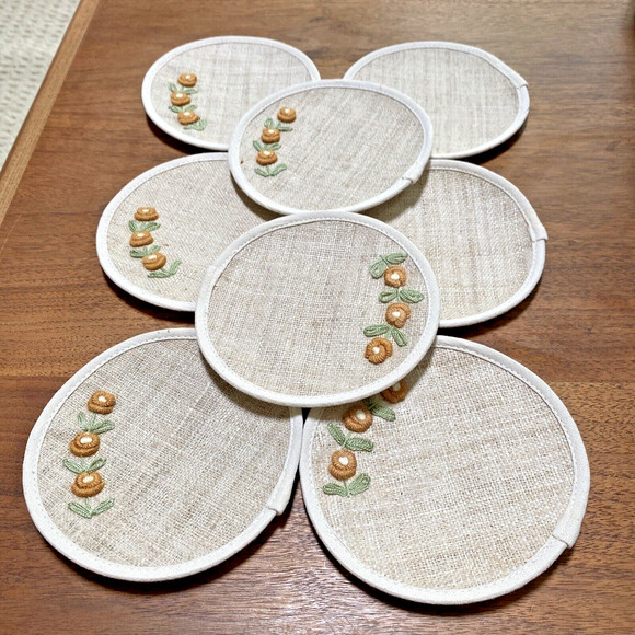 Retro Tiki Barware Woven Coasters Matching Set of 8 Burlap & Flowers Embroidery - Picture 5 of 5